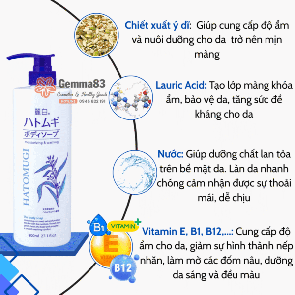 Sữa tắm dưỡng ẩm trắng da Hatomugi Moisturizing Washing 800ml (4)