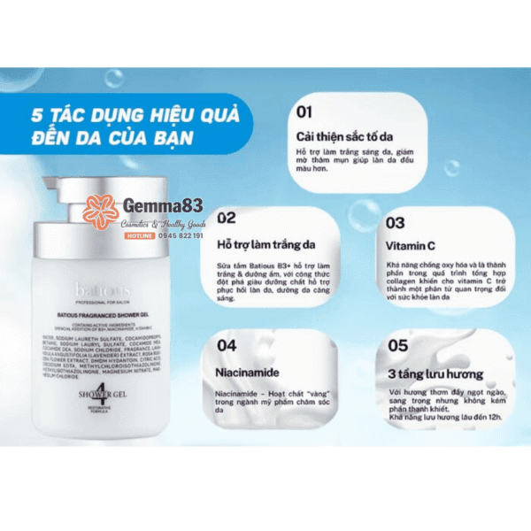 Sữa tắm trắng da Batious Shower Gel 500ml dưỡng da sáng mịn chống lão hóa (2)