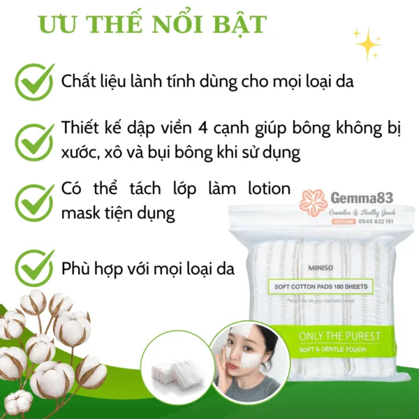 Bông tẩy trang Miniso Nhật Bản 180 miếng (4)