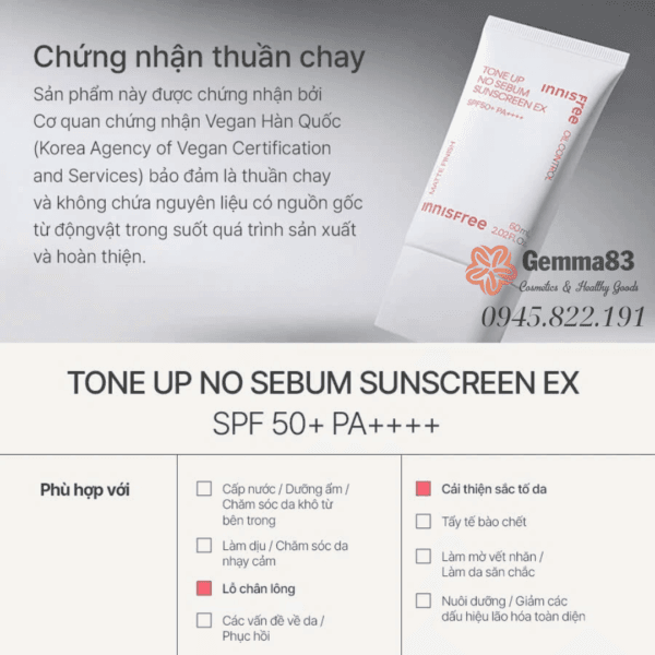 Kem chống nắng nâng tone Innisfree Tone Up No Sebum SPF50 PA++++ (4)