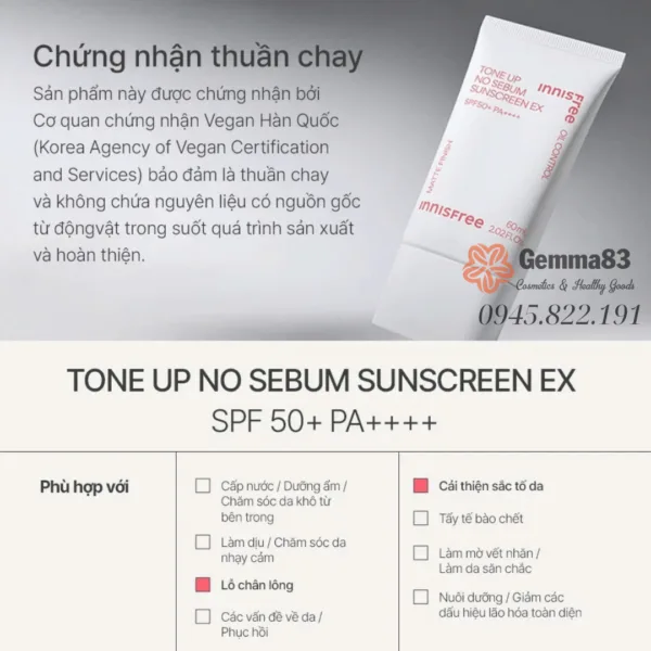 Kem chống nắng nâng tone Innisfree Tone Up No Sebum SPF50 PA++++ (4)