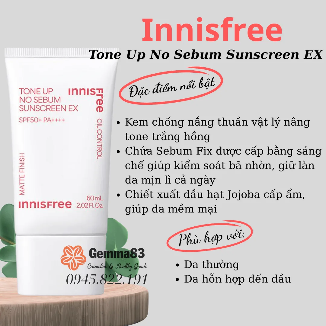 Kem chống nắng nâng tone Innisfree Tone Up No Sebum SPF50 PA++++ (6)