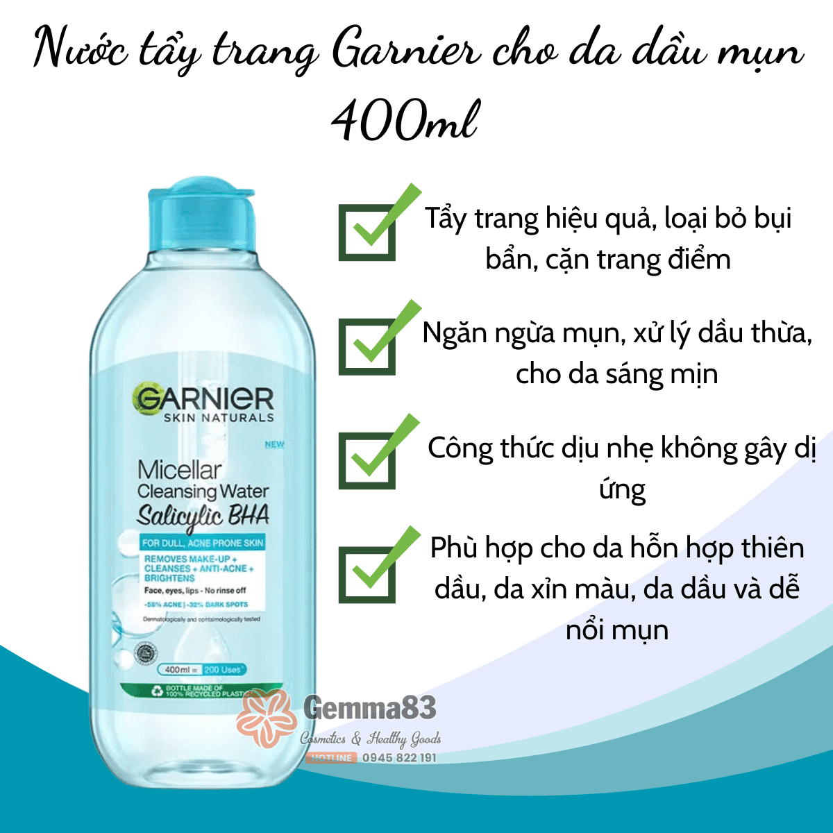 Nước tẩy trang Garnier Micellar Cleansing Water 400ml vàng, hồng, xanh (1)