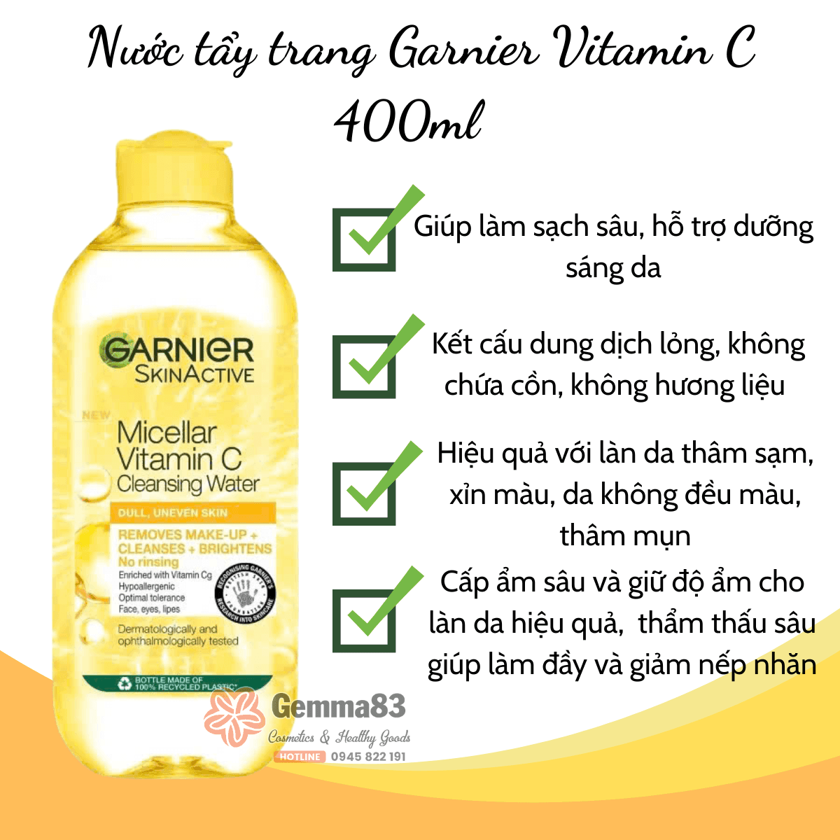 Nước tẩy trang Garnier Micellar Cleansing Water 400ml vàng, hồng, xanh (2)