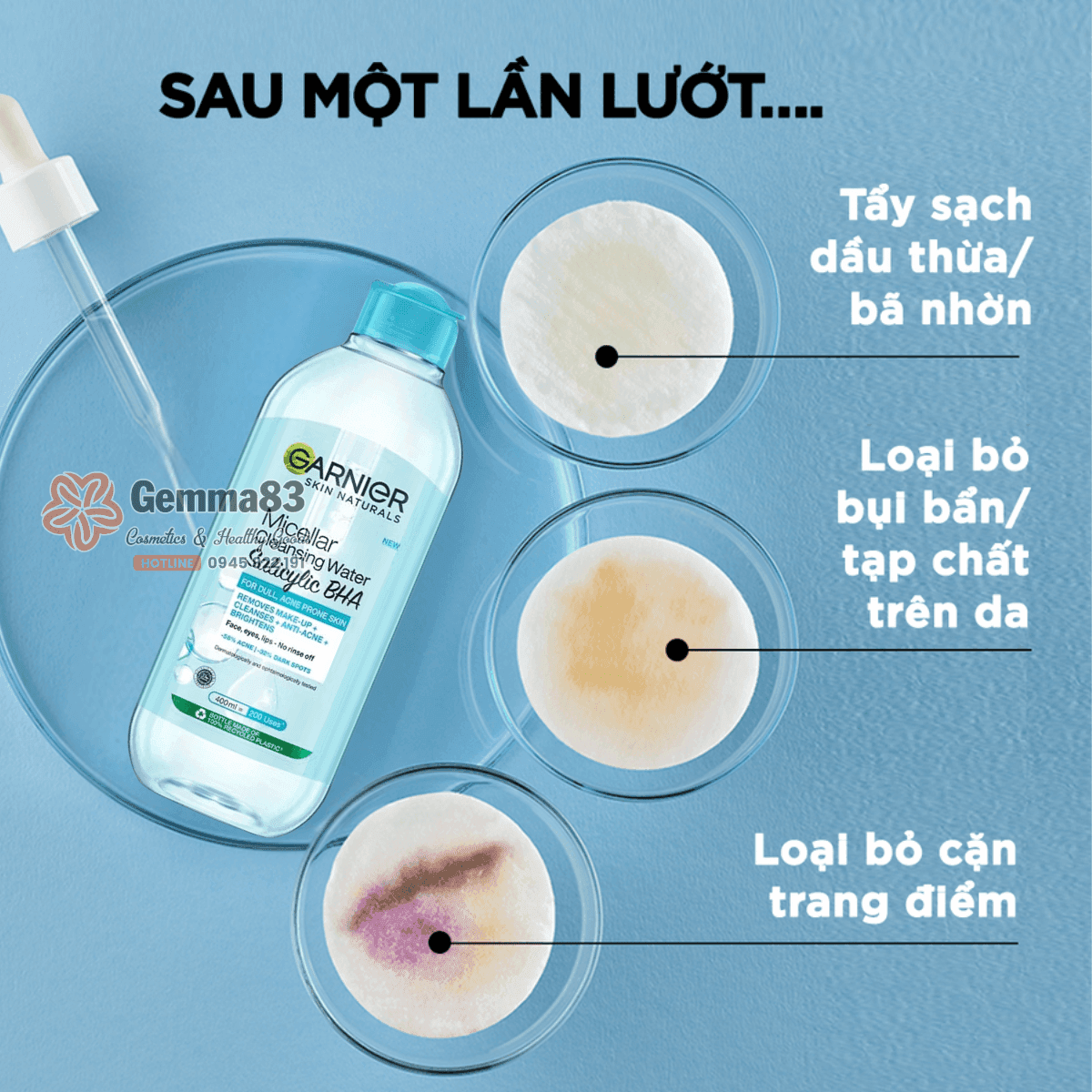 Nước tẩy trang Garnier Micellar Cleansing Water 400ml vàng, hồng, xanh (3)