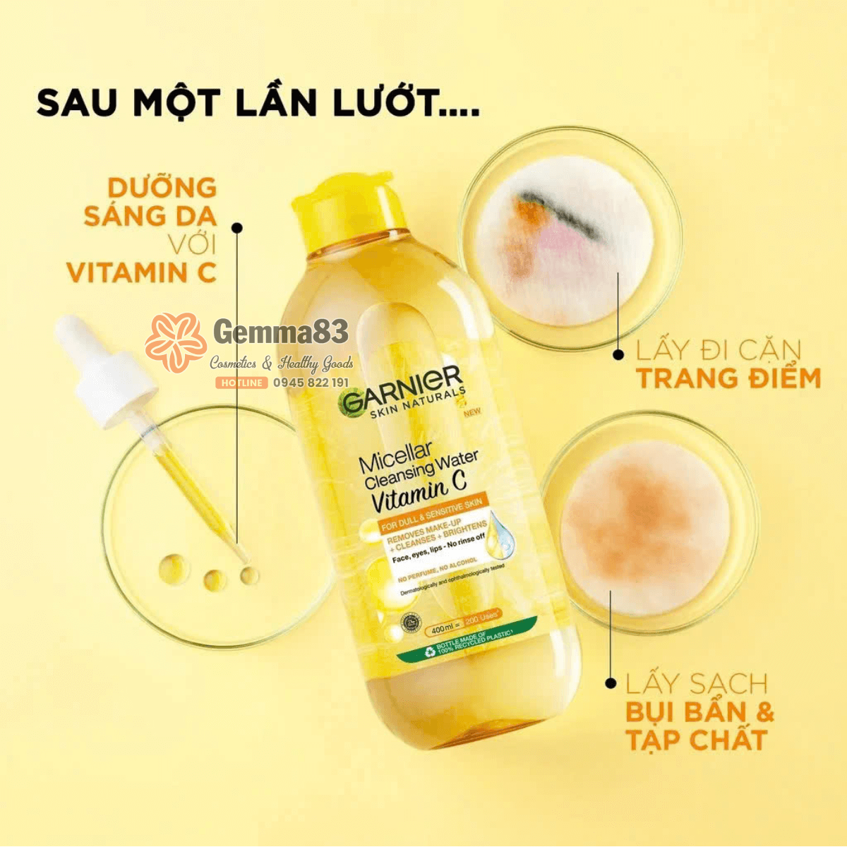 Nước tẩy trang Garnier Micellar Cleansing Water 400ml vàng, hồng, xanh (4)