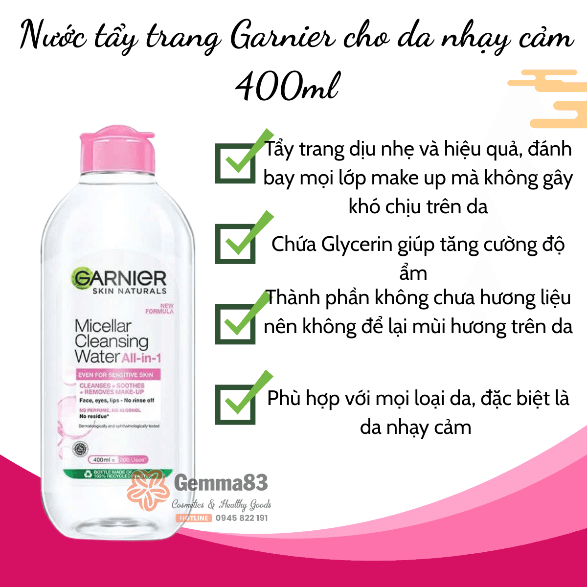 Nước tẩy trang Garnier Micellar Cleansing Water 400ml vàng, hồng, xanh (7)