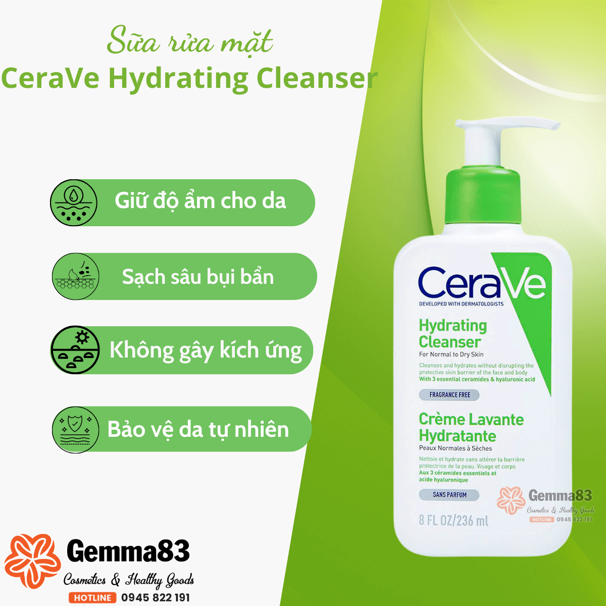 Sữa rửa mặt Cerave cho da khô, da thường 236ml Hydrating Cleanser (4)