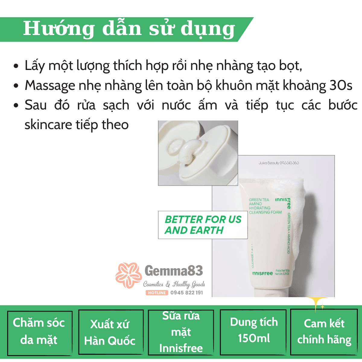 Sữa rửa mặt Innisfree Green Tea Cleansing Foam dưỡng ẩm chiết xuất trà xanh 150g (2)