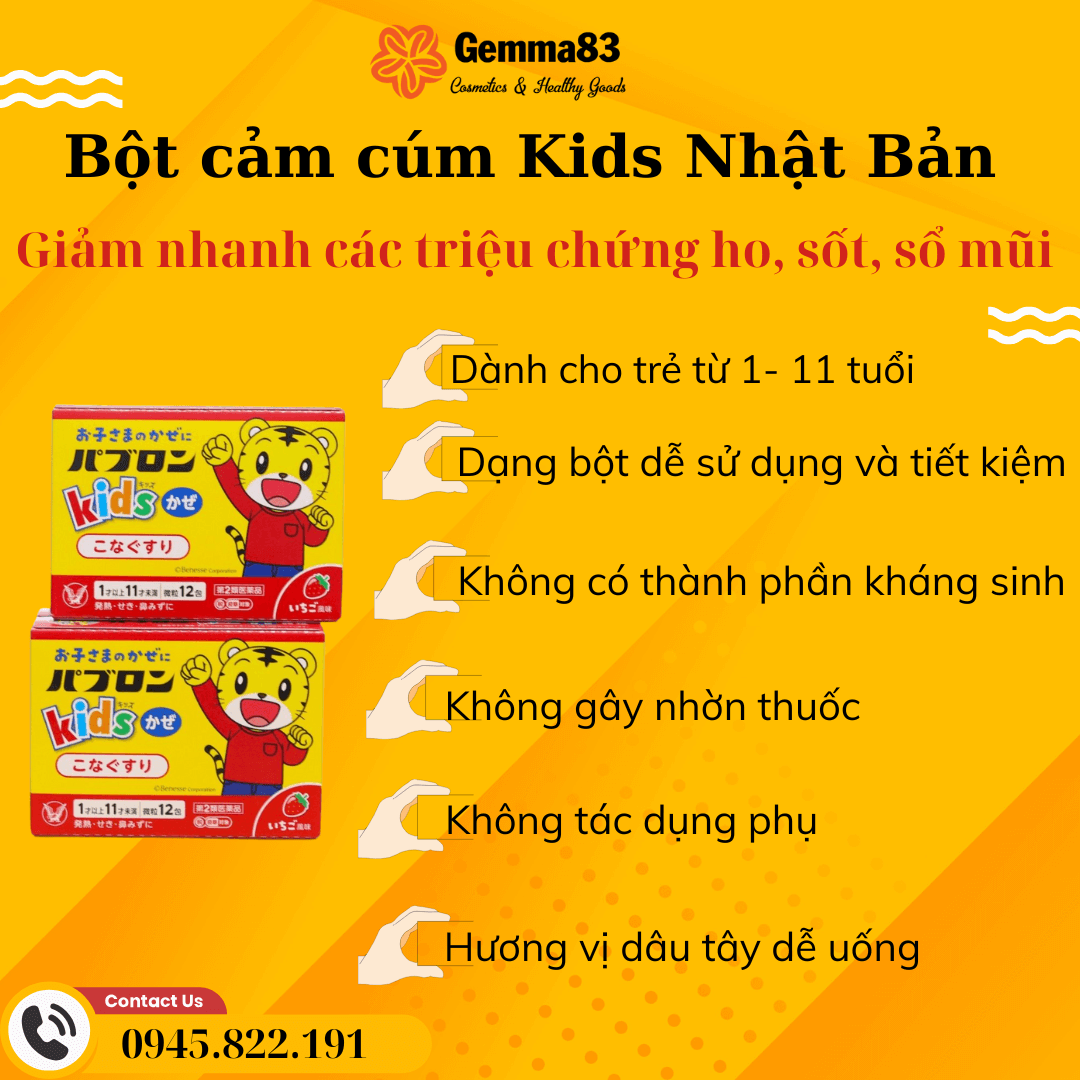 Bột cảm cúm cho bé Taisho Pabron Kids từ 1 10 tuổi 12 gói (4)