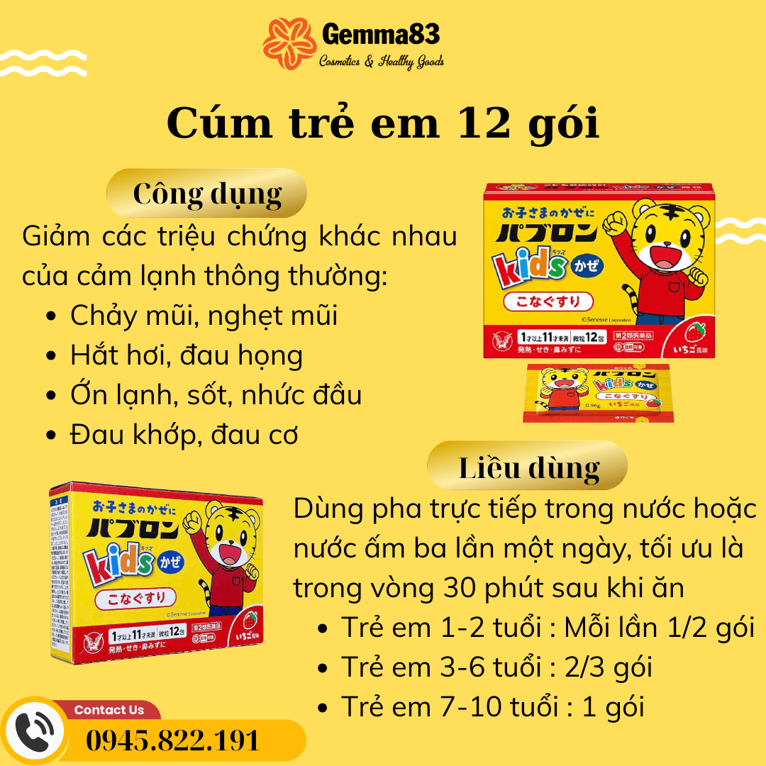 Bột cảm cúm cho bé Taisho Pabron Kids từ 1 10 tuổi 12 gói (5)