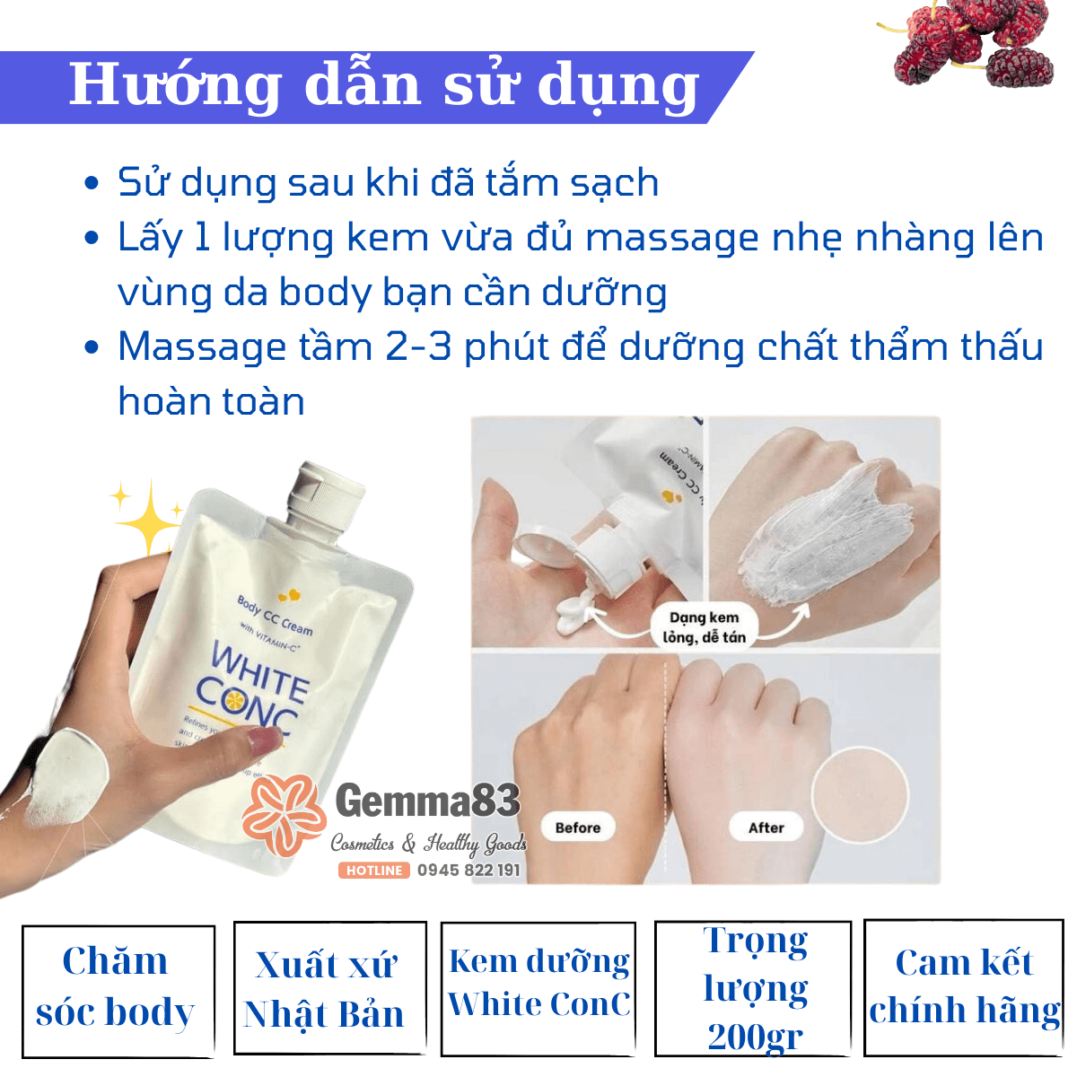 Kem dưỡng thể White ConC White CC Cream Nhật Bản 200g nâng tone trắng da (1)