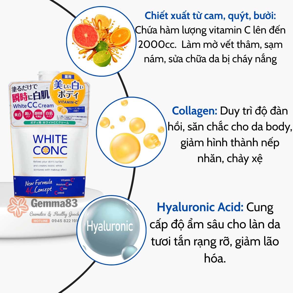 Kem dưỡng thể White ConC White CC Cream Nhật Bản 200g nâng tone trắng da (4)