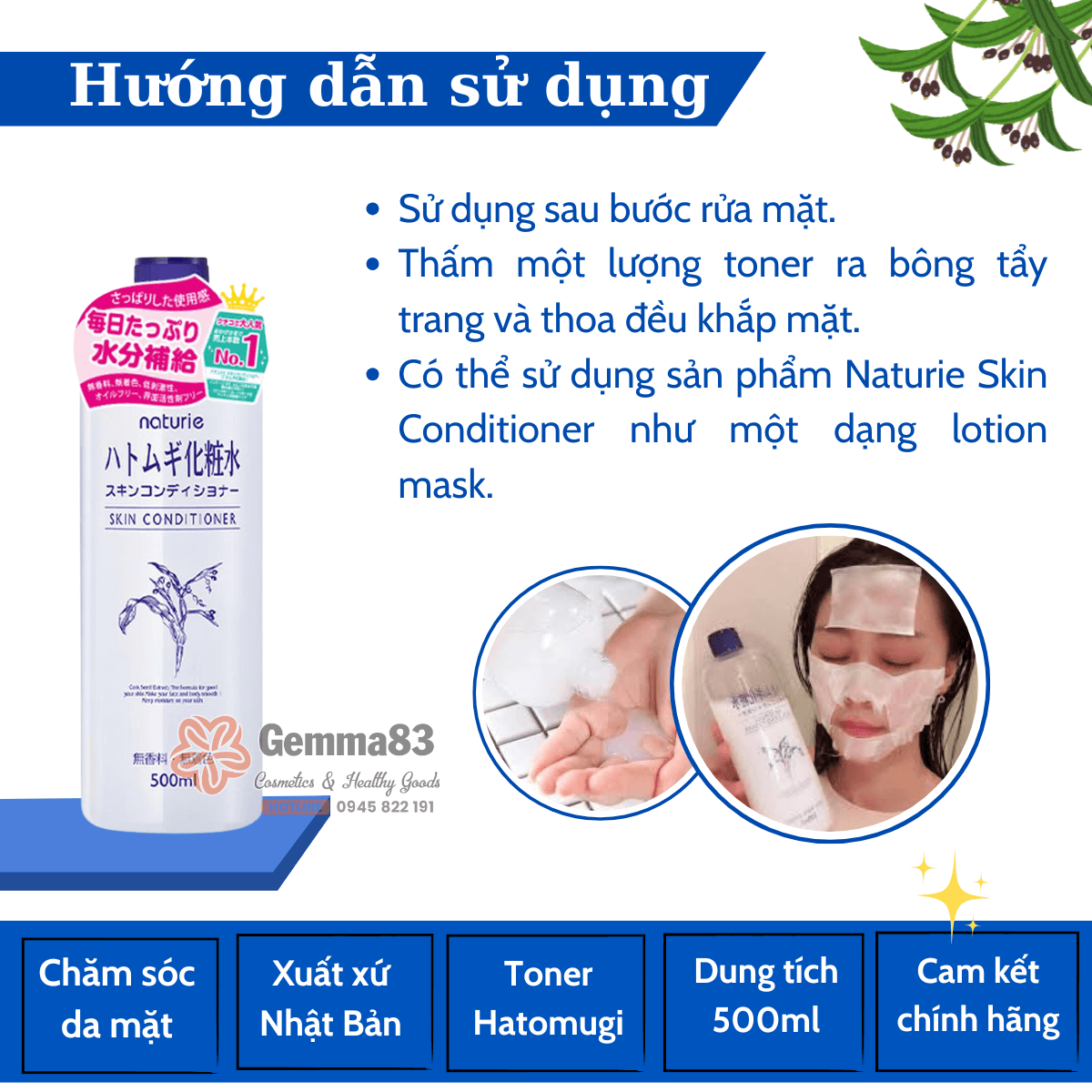 Nước hoa hồng Hatomugi Naturie Skin Conditioner Lotion Nhật Bản 500ml (1)