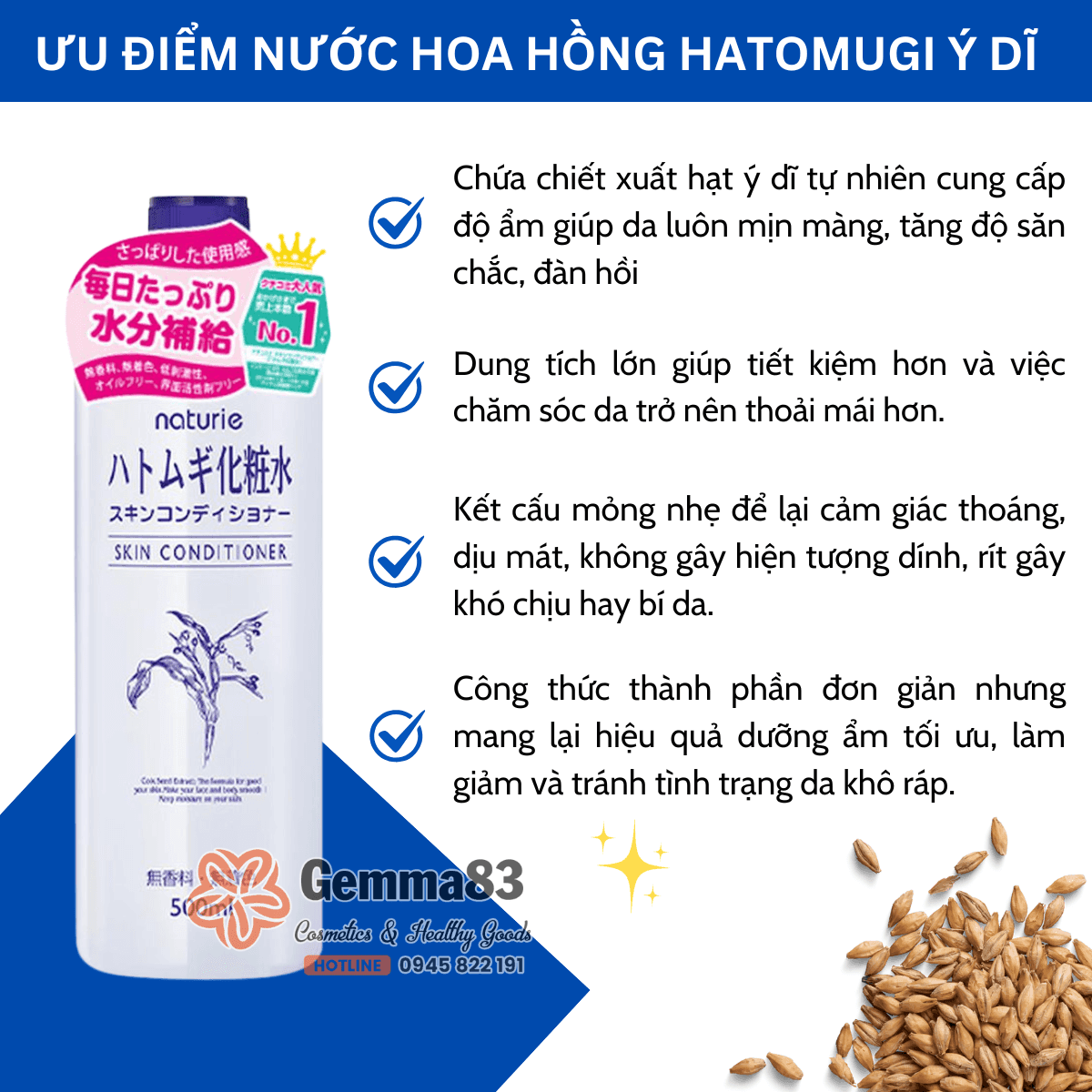 Nước hoa hồng Hatomugi Naturie Skin Conditioner Lotion Nhật Bản 500ml (5)