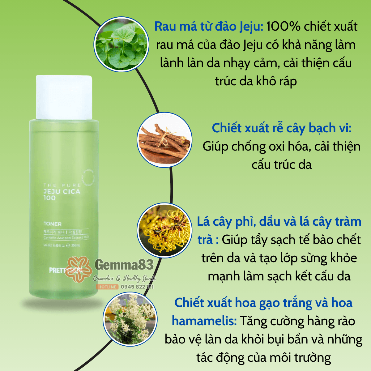 Nước hoa hồng rau má Prettyskin The Pure Jeju Cica 100 Hàn Quốc 250ml (3)