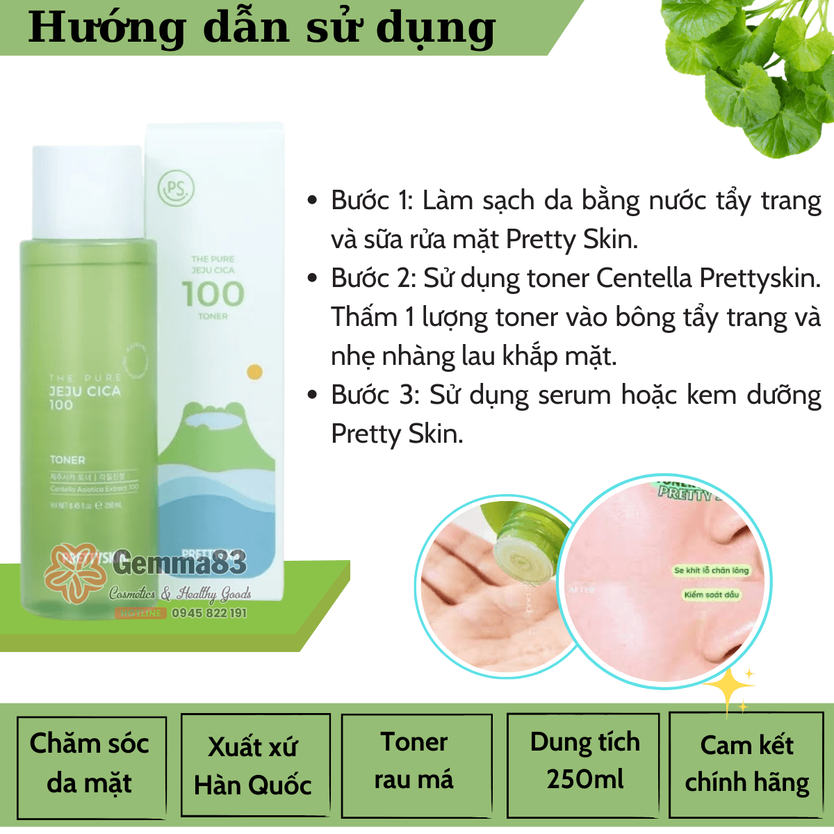 Nước hoa hồng rau má Prettyskin The Pure Jeju Cica 100 Hàn Quốc 250ml (5)