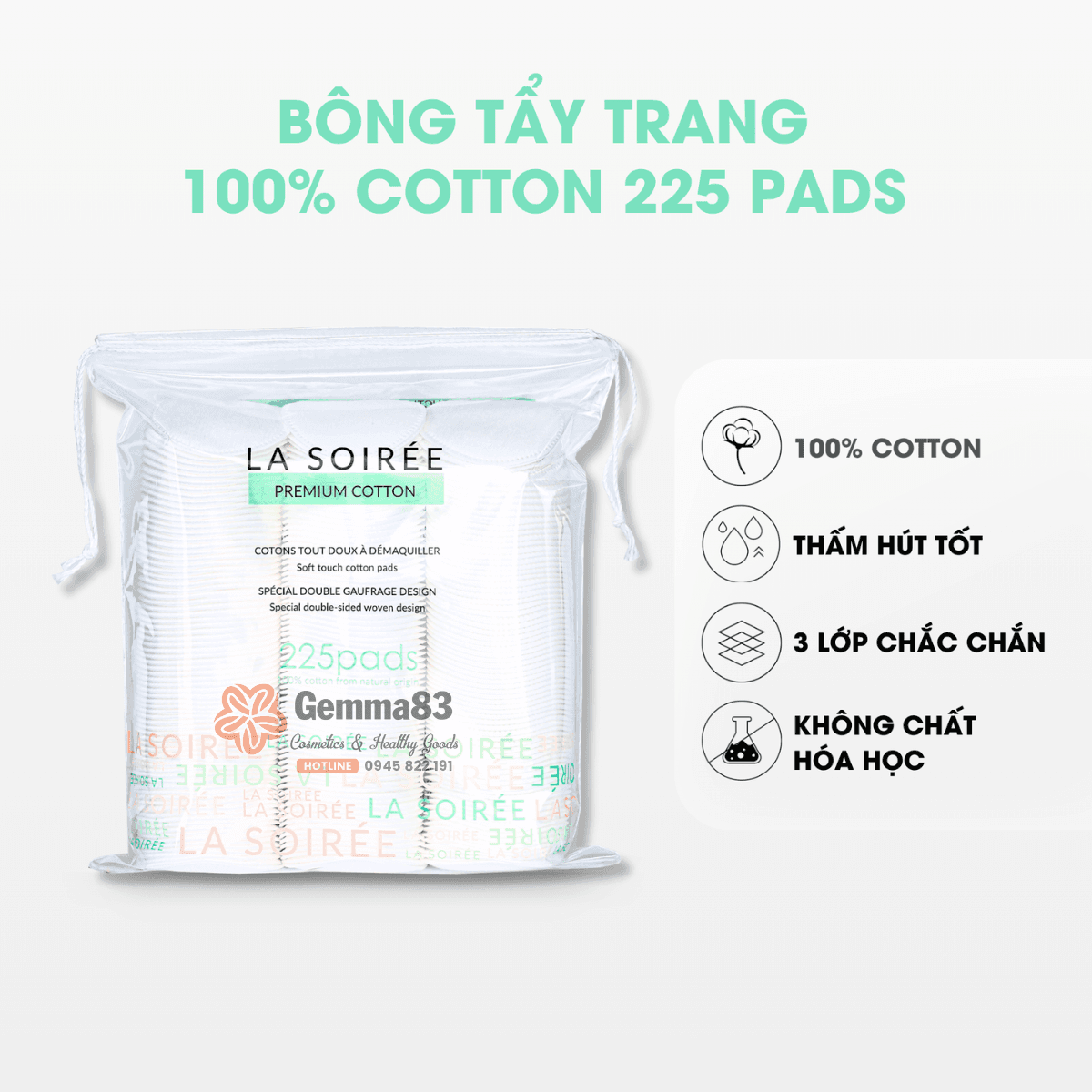 Bông tẩy trang La Soirée Premium Cotton 225 miếng (3)