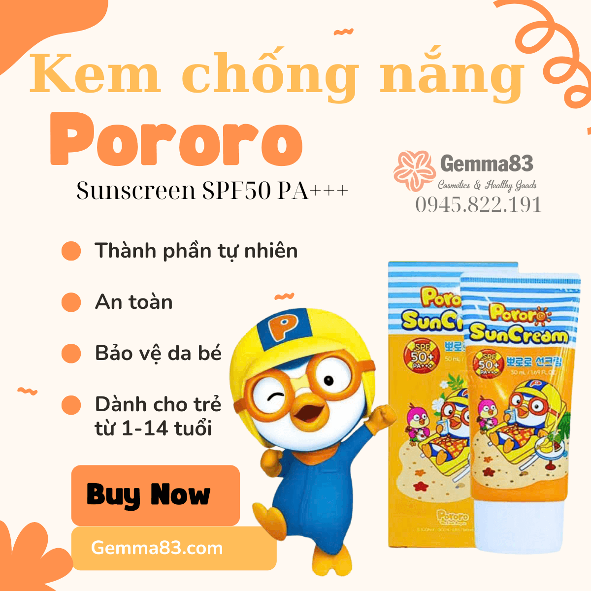 Kem chống nắng cho bé Pororo Sun Cream SPF 50+ PA+++ 50ml (3) Kem chống nắng cho bé Pororo Sun Cream SPF 50+ PA+++ 50ml (3)